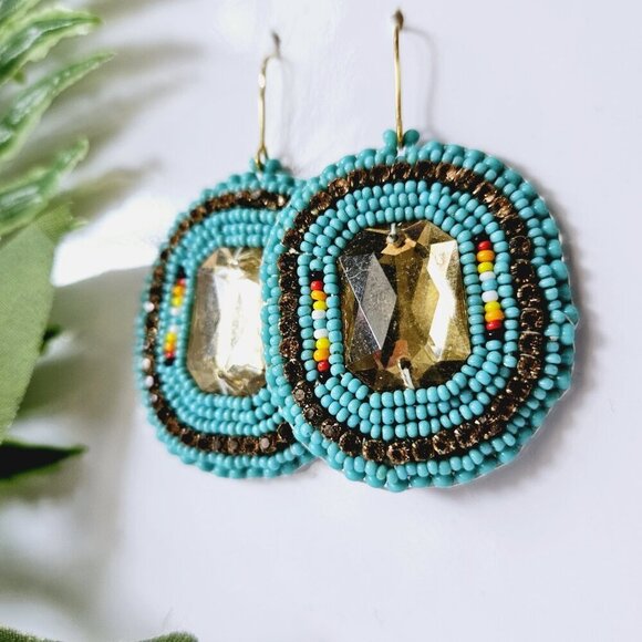 2/$27 | Turquoise Sparkle Shield Beaded Indigenous Hoop Earrings | Handmade - Picture 3 of 6